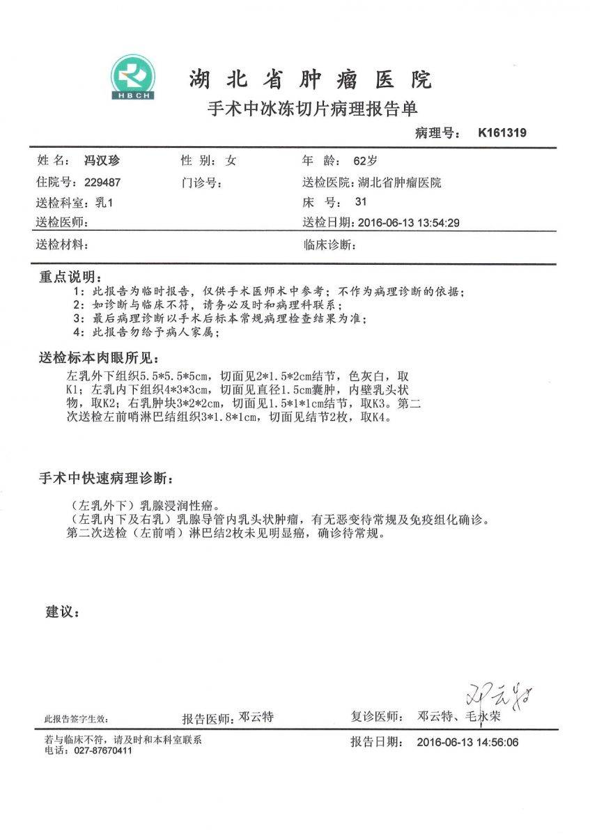 手术中冰冻切片病理报告单_典型病例_湖北省肿瘤医院